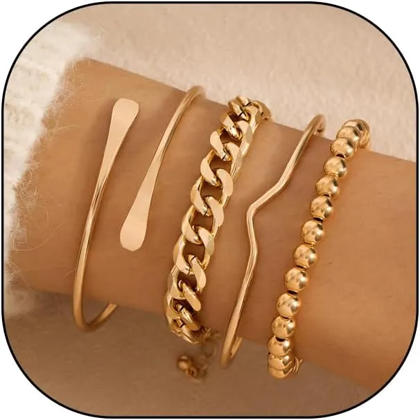 Rrdaily Chunky Layered Gold Beaded Bracelets Set for Women Fashion Adjustable Open Cuff Bangles Stackable Cuban Link Chain Bracelets Jewelry Accessories