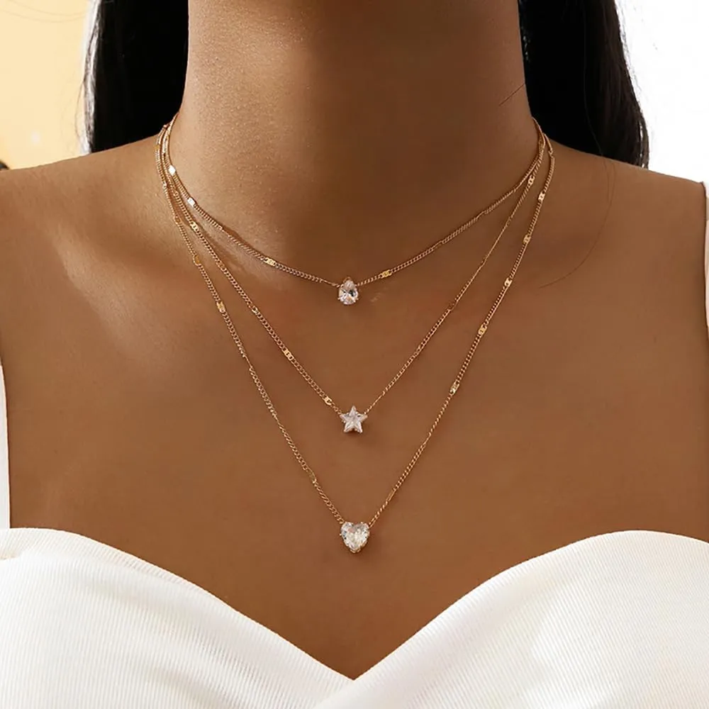 Rrdaily Layered Star Heart Choker Necklace for Girls Trendy Dainty Boho 14k Gold Silver Teardrop Stackable Necklaces Herringbone Cubic Zirconia Necklaces Gift