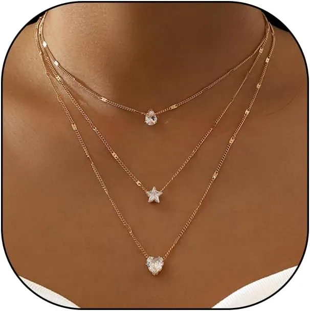 Rrdaily Layered Star Heart Choker Necklace for Girls Trendy Dainty Boho 14k Gold Silver Teardrop Stackable Necklaces Herringbone Cubic Zirconia Necklaces Gift