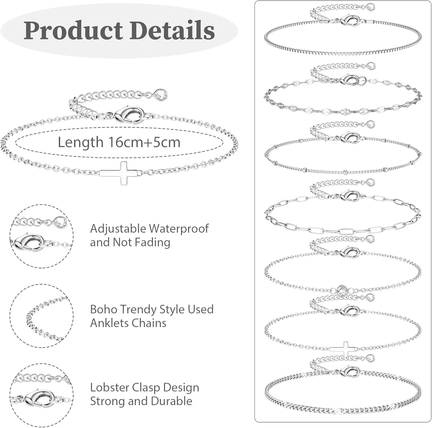 Sanfenly 7 PCS Gold Bracelets for Women Waterproof 14K Gold Plated Dainty Stackable Cuff Chain Bracelets Set Trendy Adjustable Thin Link JewelryGold/Silver