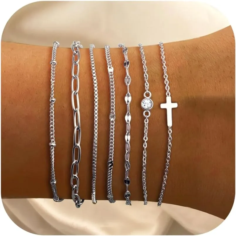 Sanfenly 7 PCS Gold Bracelets for Women Waterproof 14K Gold Plated Dainty Stackable Cuff Chain Bracelets Set Trendy Adjustable Thin Link JewelryGold/Silver
