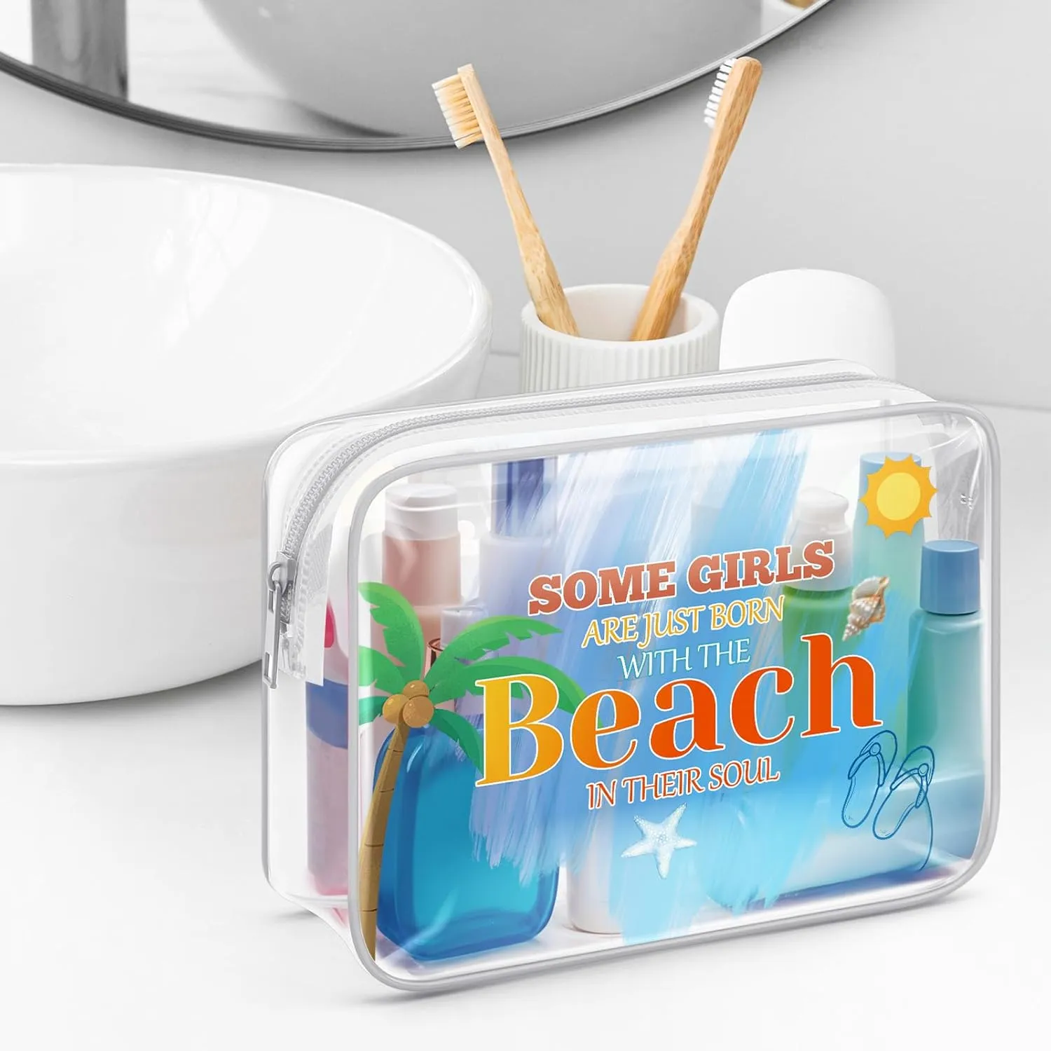 Sazuwu Girls Beach Trip Gifts Clear Makeup Bags with Zipper Beach Themed Gifts for Adults Birthday Gifts for Beach Lover Cosmetic Travel Bag Organizer Beach Vacation Gifts for Women Friends