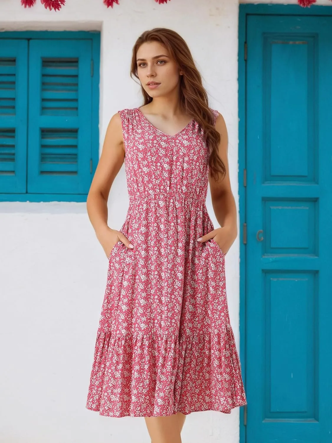 Seta T Women's Summer Dresses 2025 V Neck Sleeveless Sundress Beach Floral Flowy Midi Dress with Pockets