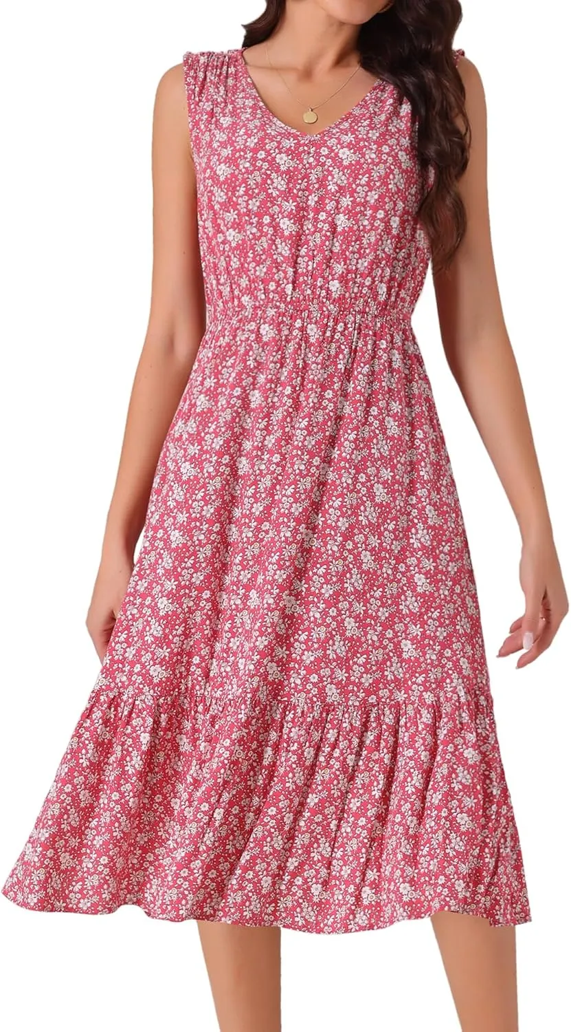 Seta T Women's Summer Dresses 2025 V Neck Sleeveless Sundress Beach Floral Flowy Midi Dress with Pockets