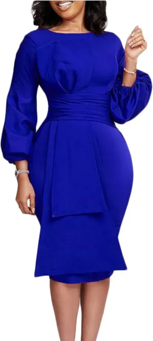 Sexyshine Women's Elegant Formal Dresses Puff Long Sleeve Round Neck Bodycon Business Office Pencil Midi Dress Plus Size