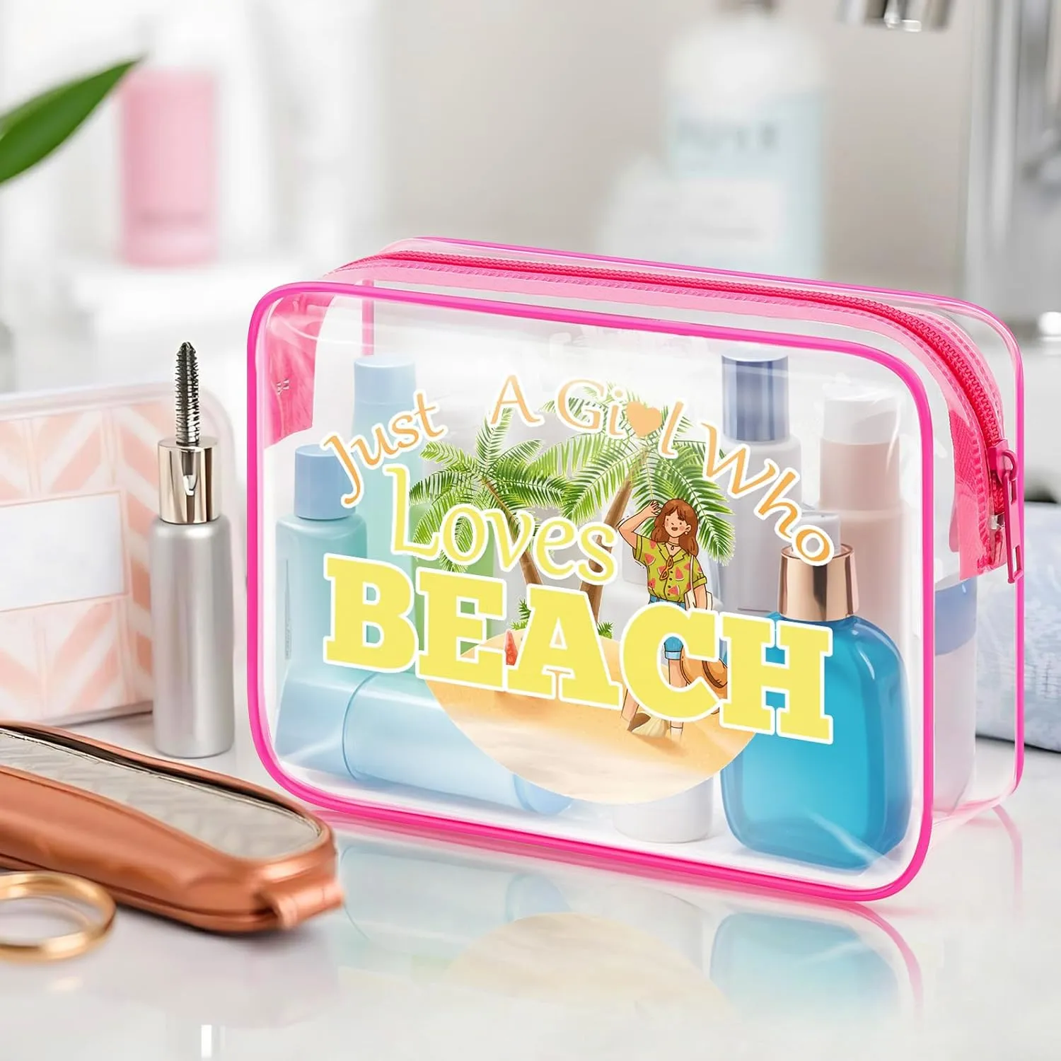 Sfodiary Beach Lover Gift Beach Gifts for Women Makeup Bag Beach Themed Cosmetic Bag Birthday Christmas Graduation Gift for Women Teens Beach Lover Summer Vocation Gift Clear PVC Toiletry Bag