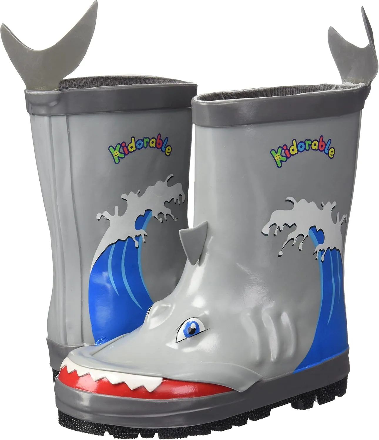 Shark Natural Rubber Grey Rain Boots w/Fun Shark Tail Pull On Heel Tab