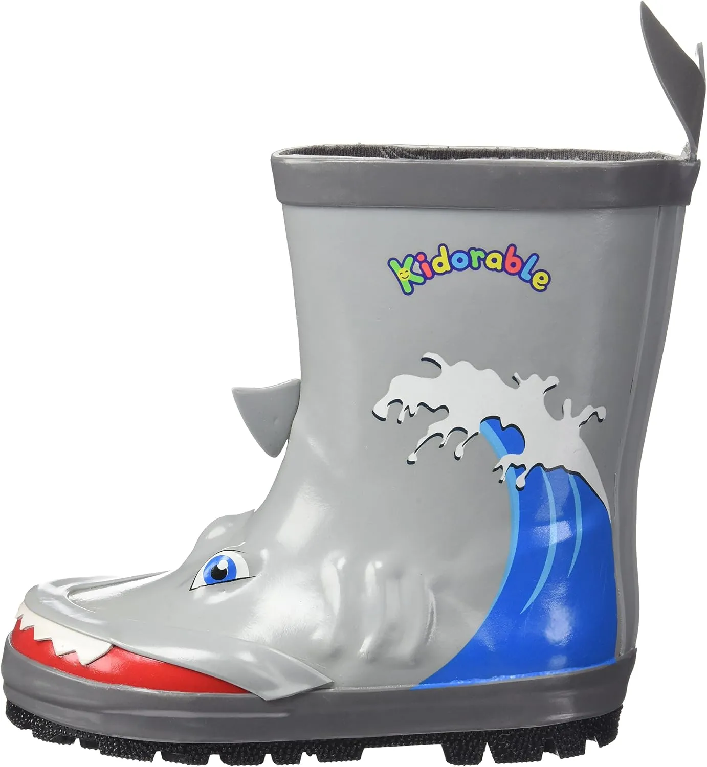 Shark Natural Rubber Grey Rain Boots w/Fun Shark Tail Pull On Heel Tab