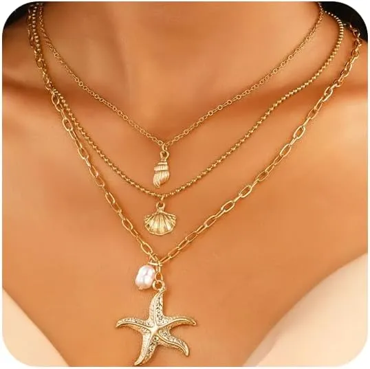 Shell Necklace for Women,Layered Gold Seashell Starfish Necklaces Dainty Pearl Summer Necklaces Boho Surfer Beach Jewelry Costume Accessories