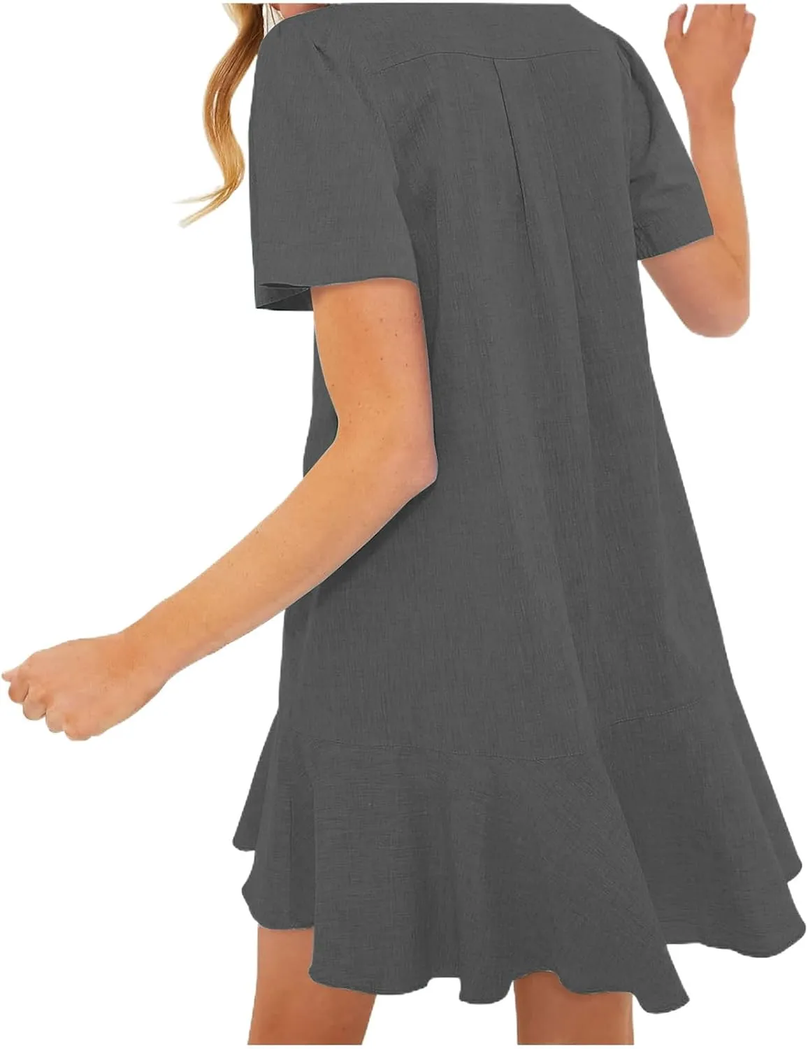 Shirt Dresses for Women Casual Short Sleeve Cotton Linen Mini Dresses Fashion V Neck Button Up Ruffle Hem Shift Dress
