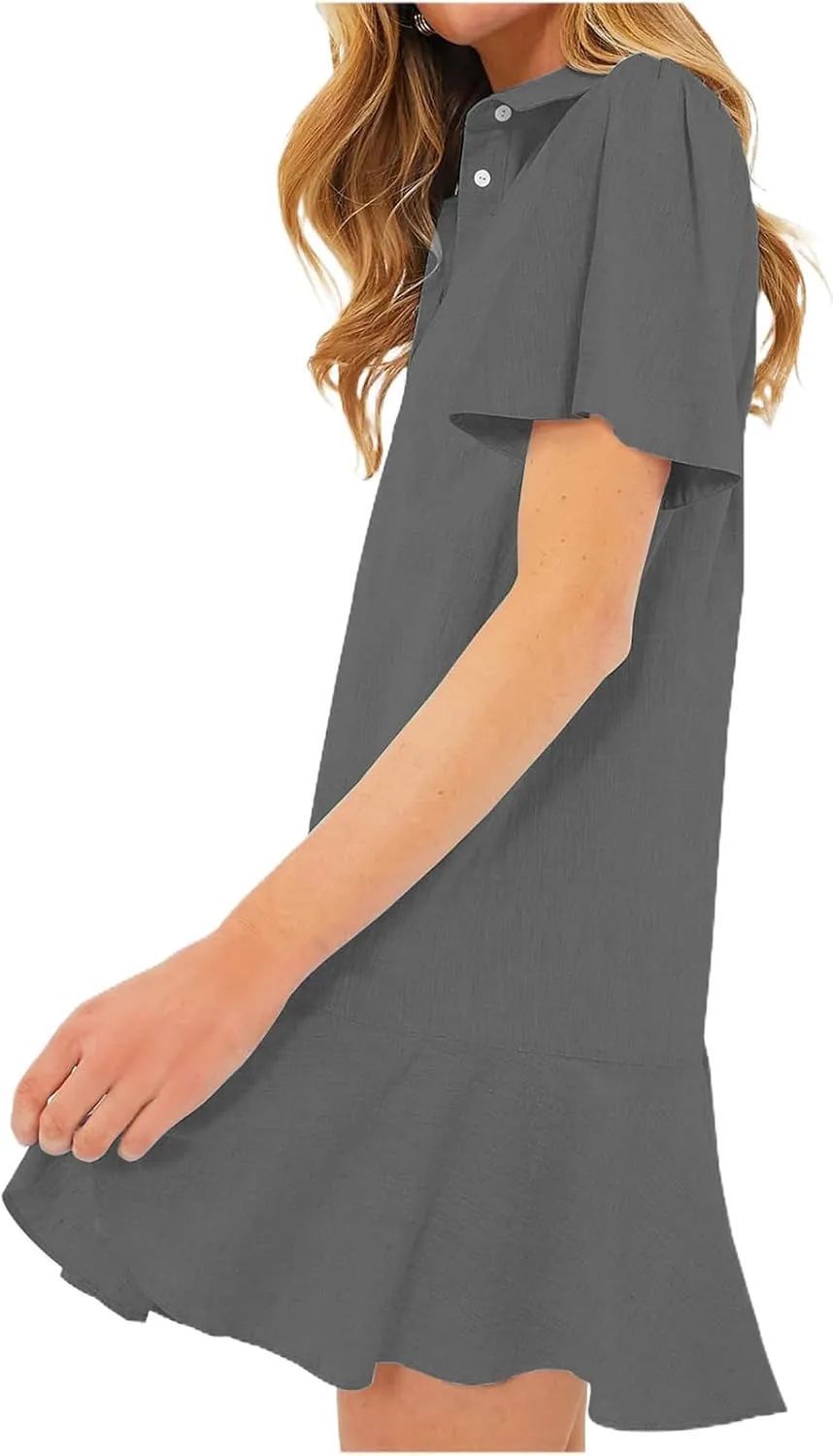 Shirt Dresses for Women Casual Short Sleeve Cotton Linen Mini Dresses Fashion V Neck Button Up Ruffle Hem Shift Dress