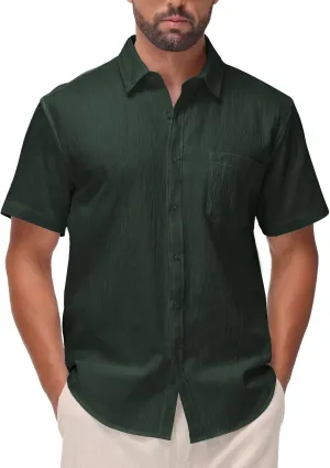 SIR7 Mens Summer Short Sleeve Cotton Linen Shirts Casual Button Down Shirts Beach Vacation Wedding Tops