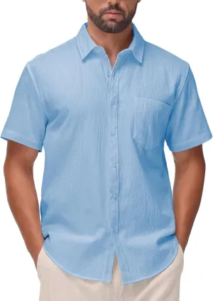 SIR7 Mens Summer Short Sleeve Cotton Linen Shirts Casual Button Down Shirts Beach Vacation Wedding Tops