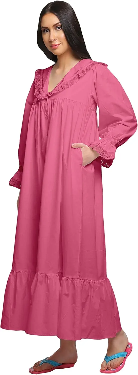 Solid Nightdress for Ladies Cotton Ruffled Border Nursing Nightwear