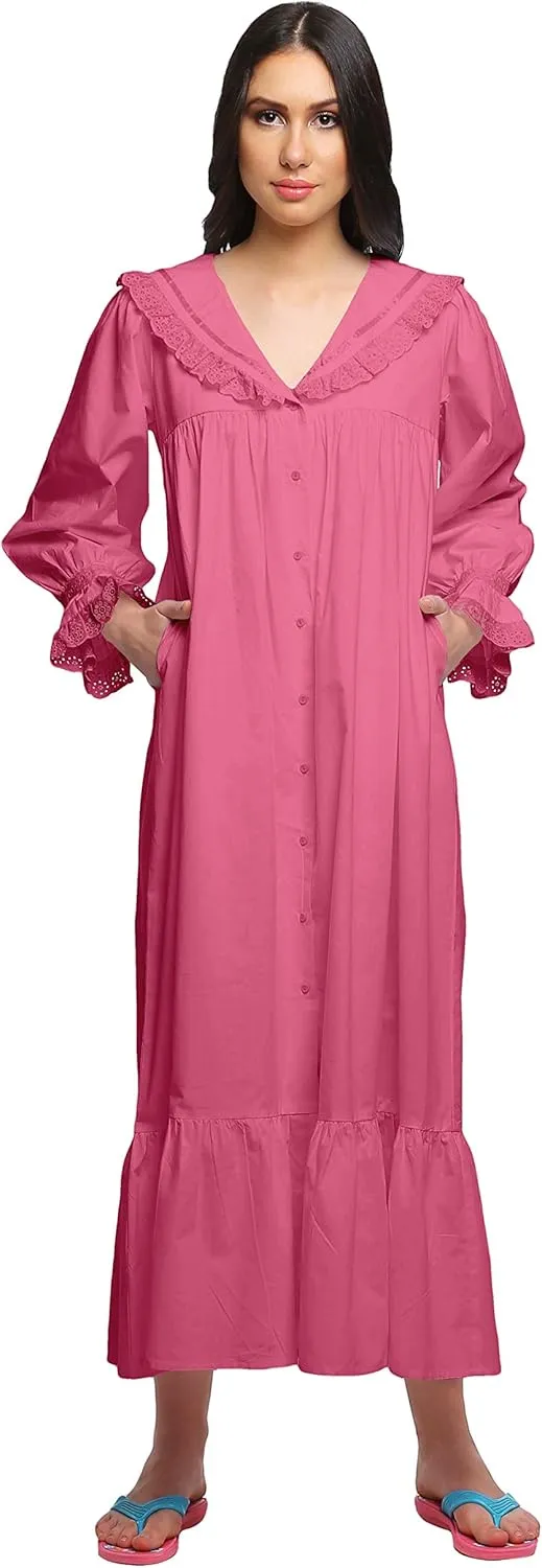 Solid Nightdress for Ladies Cotton Ruffled Border Nursing Nightwear