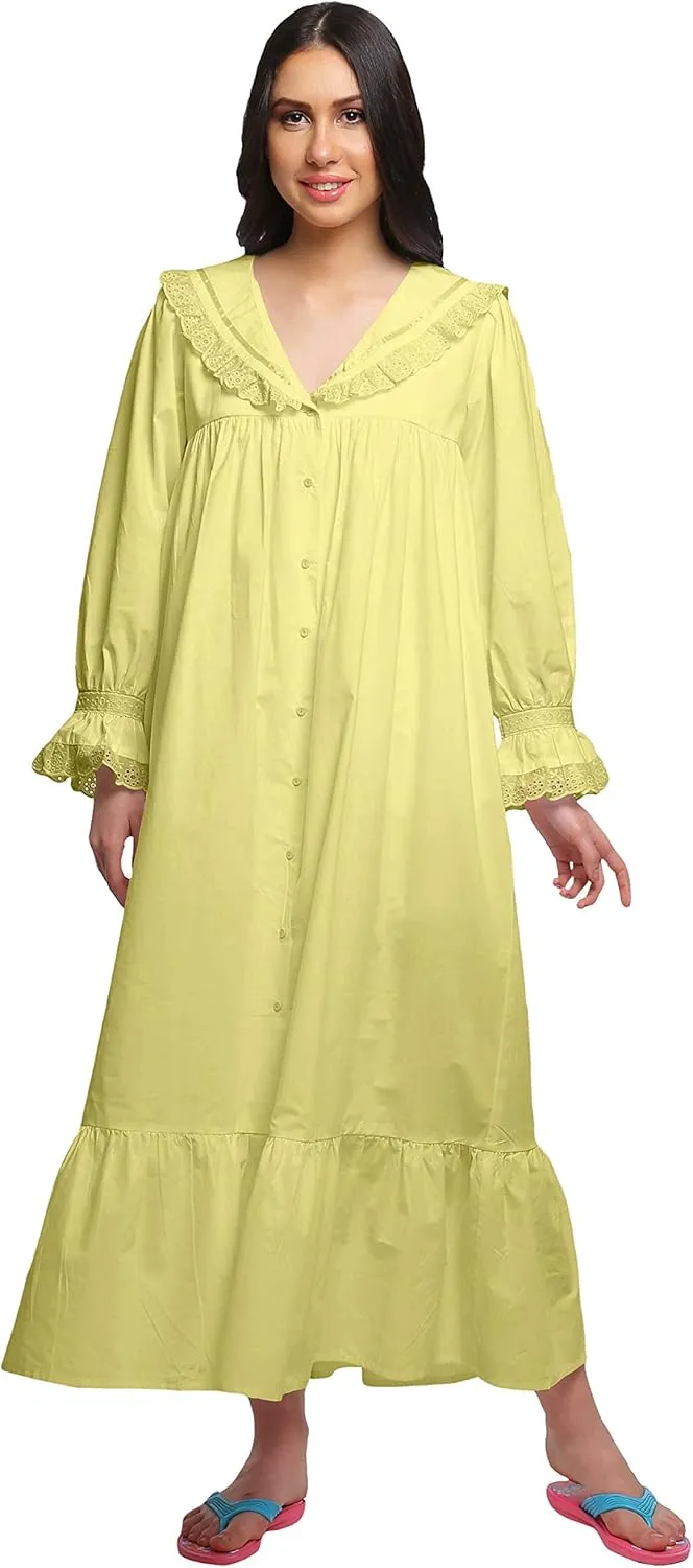 Solid Nightdress for Ladies Cotton Ruffled Border Nursing Nightwear