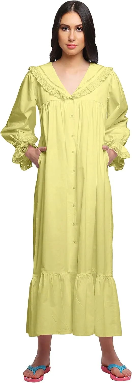 Solid Nightdress for Ladies Cotton Ruffled Border Nursing Nightwear