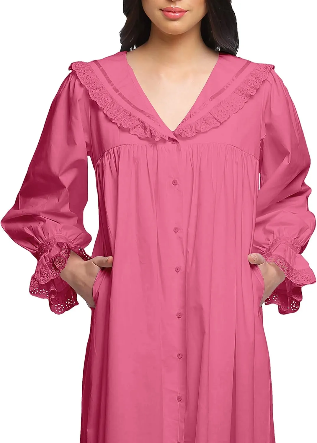 Solid Nightdress for Ladies Cotton Ruffled Border Nursing Nightwear
