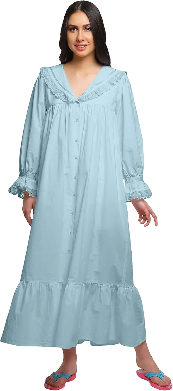 Solid Nightdress for Ladies Cotton Ruffled Border Nursing Nightwear