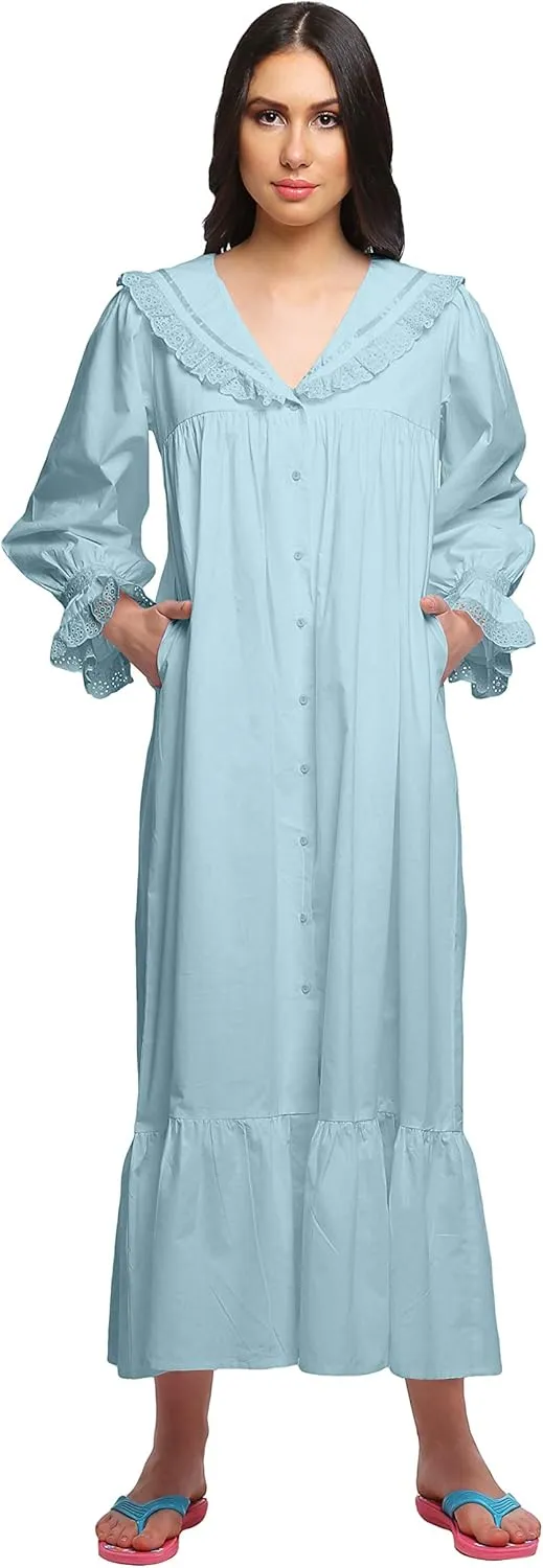 Solid Nightdress for Ladies Cotton Ruffled Border Nursing Nightwear
