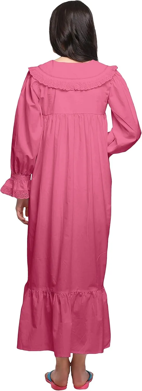 Solid Nightdress for Ladies Cotton Ruffled Border Nursing Nightwear