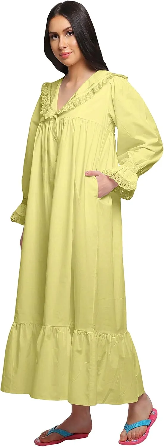 Solid Nightdress for Ladies Cotton Ruffled Border Nursing Nightwear