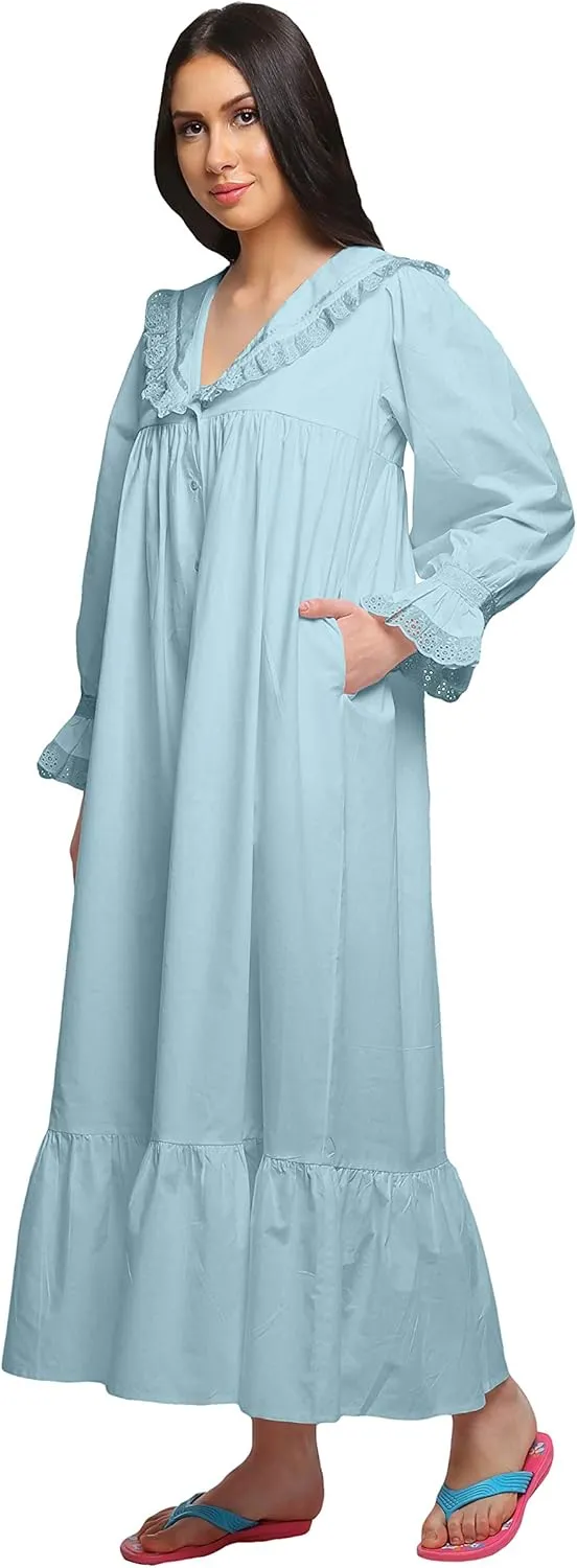 Solid Nightdress for Ladies Cotton Ruffled Border Nursing Nightwear