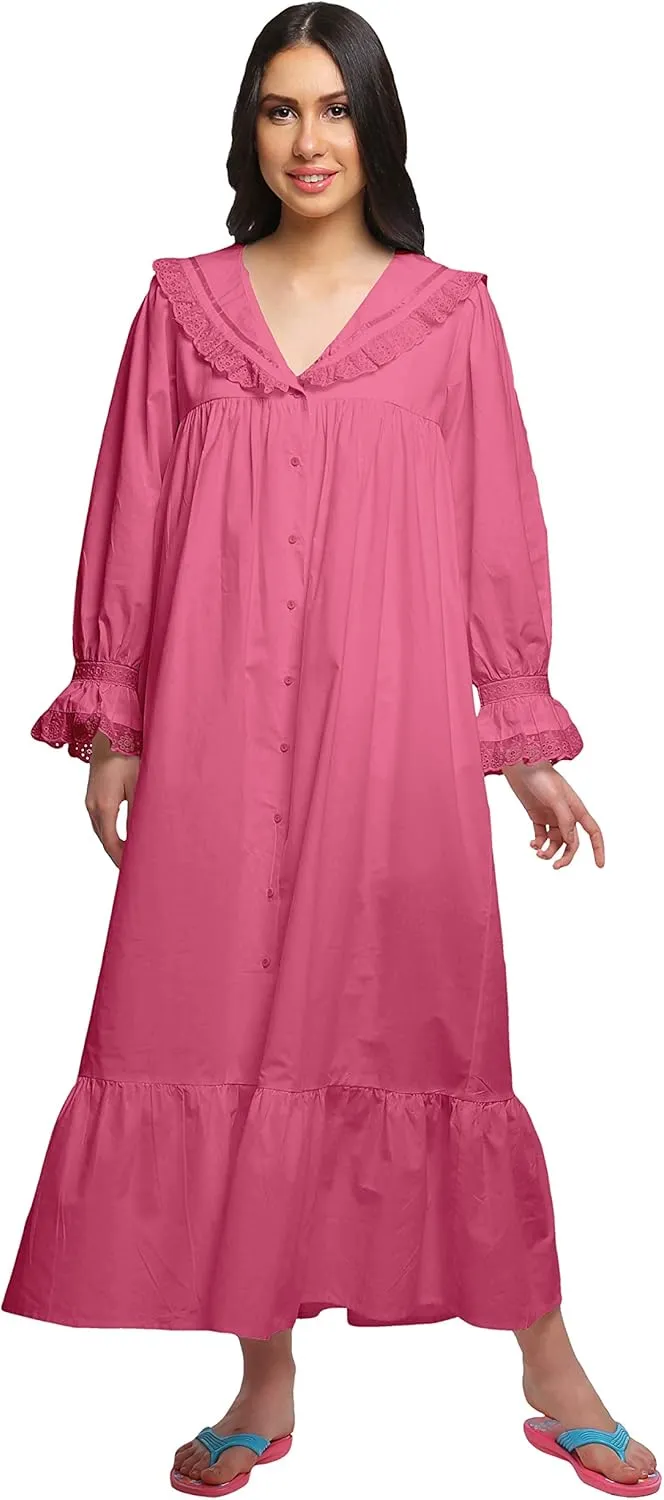 Solid Nightdress for Ladies Cotton Ruffled Border Nursing Nightwear