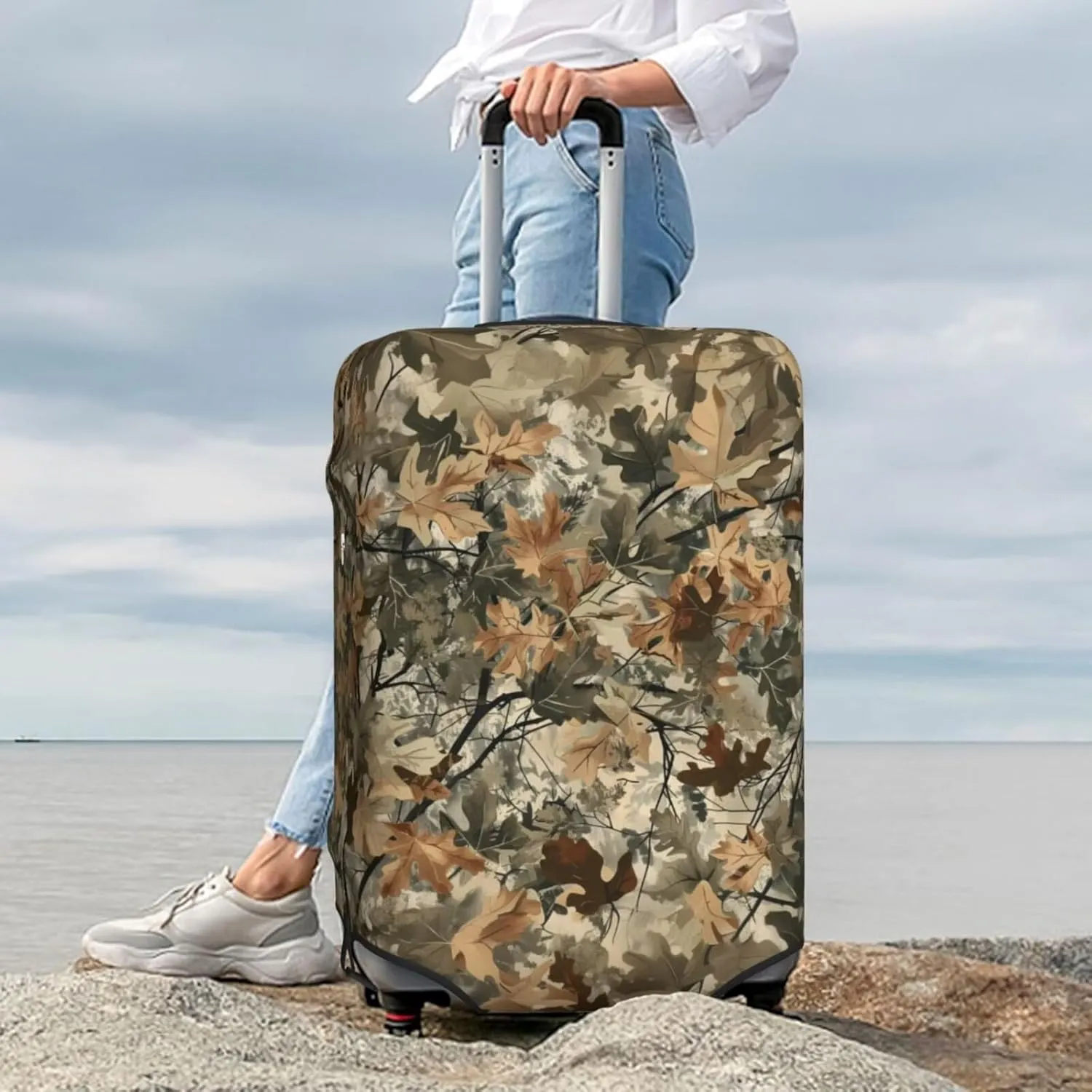 Spandex Travel Suitcase Cover Brown Camo Camouflage Baggage Protective Cover 18-32 Inch, Hunting Hunter Leaf Stratch Resistance Baggage Covers Suitcase Protector