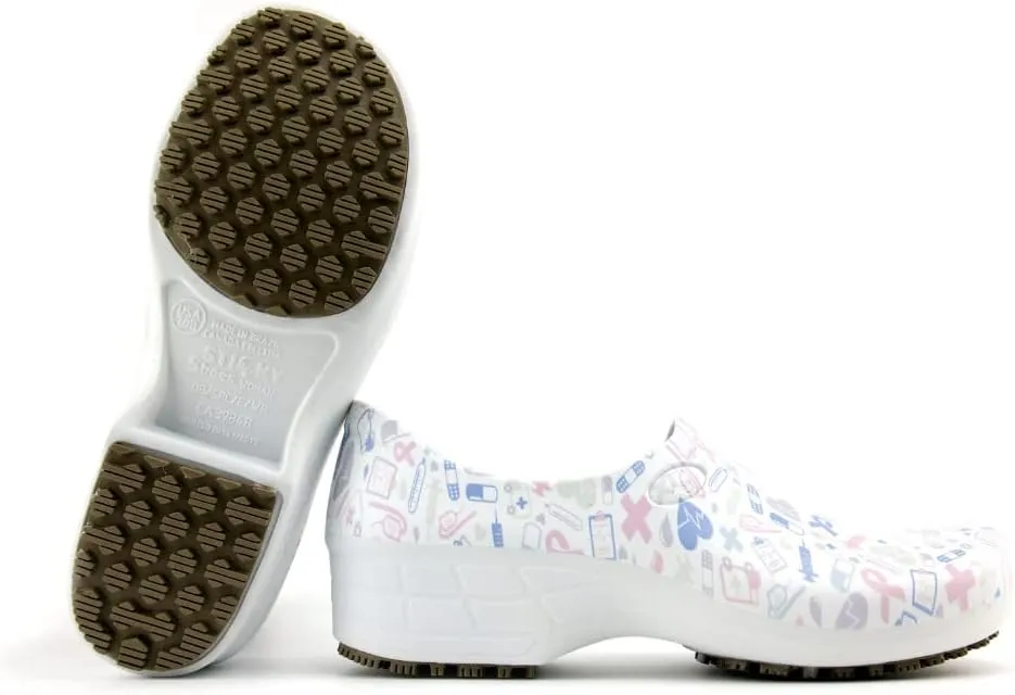 Sticky Printed Colorful Nursing Shoes - Professional Shoes for Women - Nurses Vets CNA LPN RN - Waterproof Non Slip - Comfortable Cleanable Clogs - White