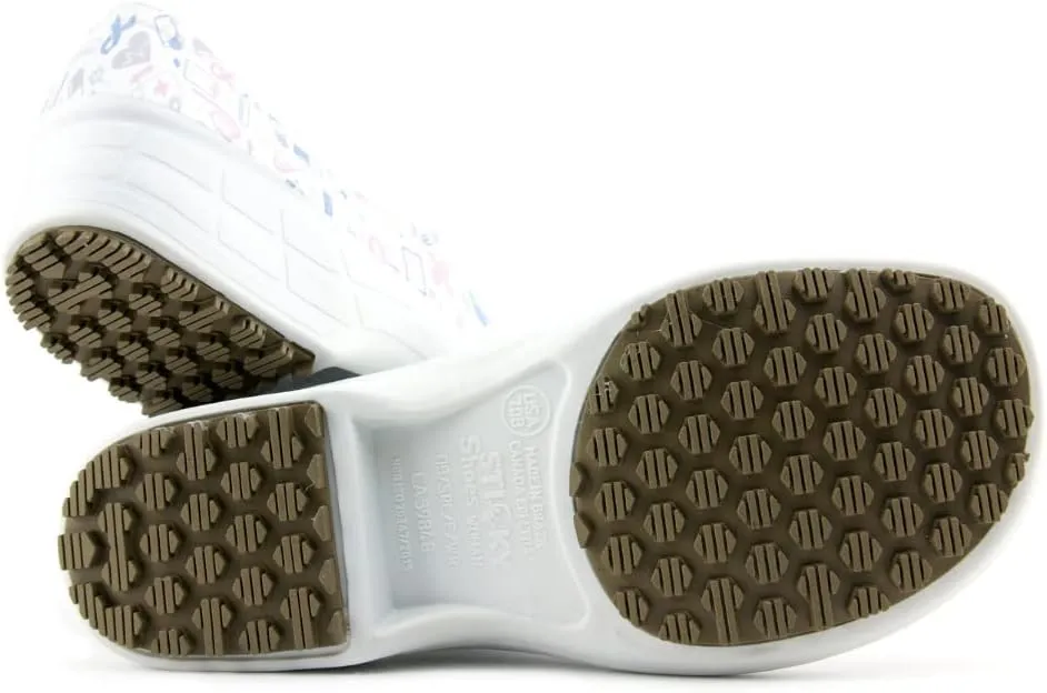 Sticky Printed Colorful Nursing Shoes - Professional Shoes for Women - Nurses Vets CNA LPN RN - Waterproof Non Slip - Comfortable Cleanable Clogs - White