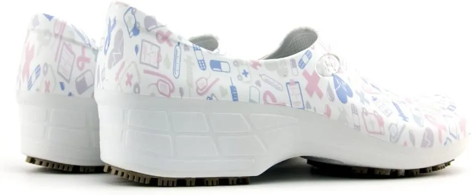 Sticky Printed Colorful Nursing Shoes - Professional Shoes for Women - Nurses Vets CNA LPN RN - Waterproof Non Slip - Comfortable Cleanable Clogs - White