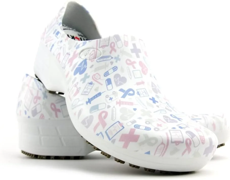 Sticky Printed Colorful Nursing Shoes - Professional Shoes for Women - Nurses Vets CNA LPN RN - Waterproof Non Slip - Comfortable Cleanable Clogs - White