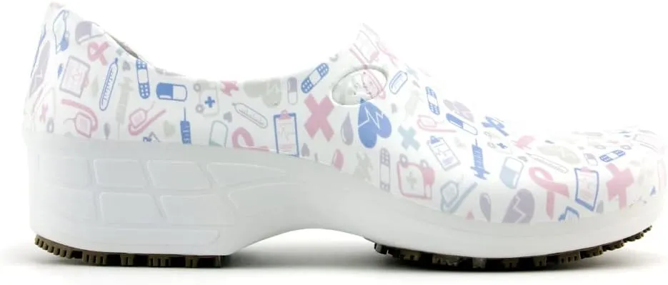 Sticky Printed Colorful Nursing Shoes - Professional Shoes for Women - Nurses Vets CNA LPN RN - Waterproof Non Slip - Comfortable Cleanable Clogs - White