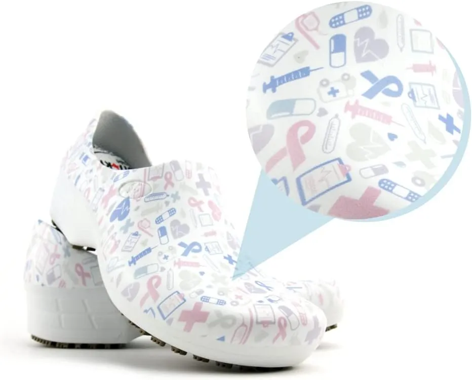 Sticky Printed Colorful Nursing Shoes - Professional Shoes for Women - Nurses Vets CNA LPN RN - Waterproof Non Slip - Comfortable Cleanable Clogs - White