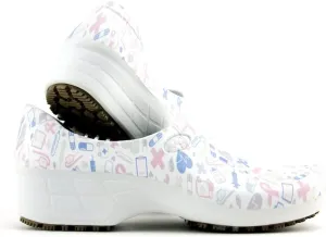 Sticky Printed Colorful Nursing Shoes - Professional Shoes for Women - Nurses Vets CNA LPN RN - Waterproof Non Slip - Comfortable Cleanable Clogs - White