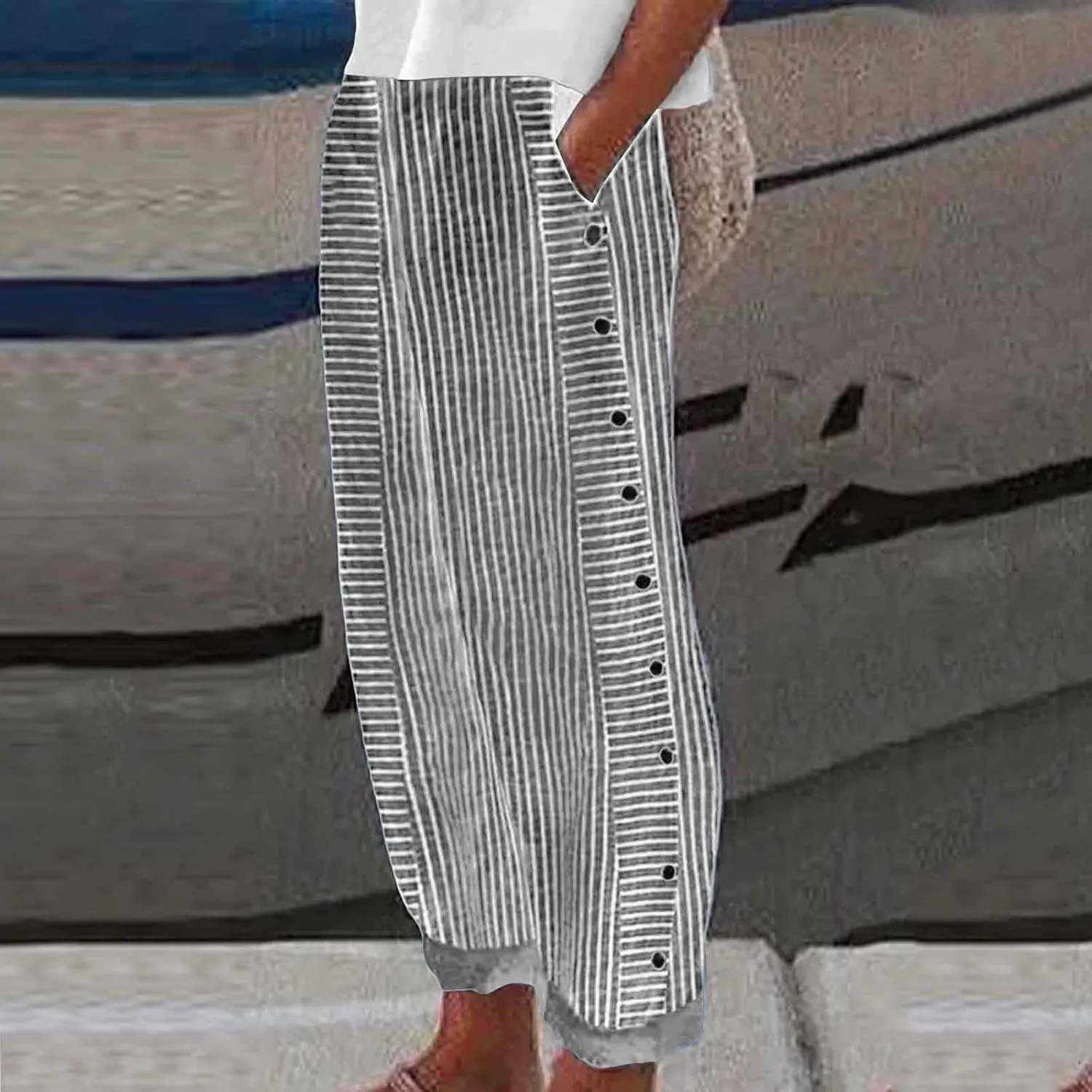 Striped Pants Women Casual Summer Wide Leg Capris Pant Loose Drawstring Elastic Waist Cropped Trousers with Pockets