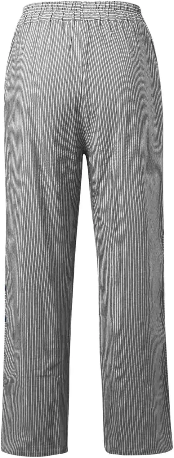 Striped Pants Women Casual Summer Wide Leg Capris Pant Loose Drawstring Elastic Waist Cropped Trousers with Pockets