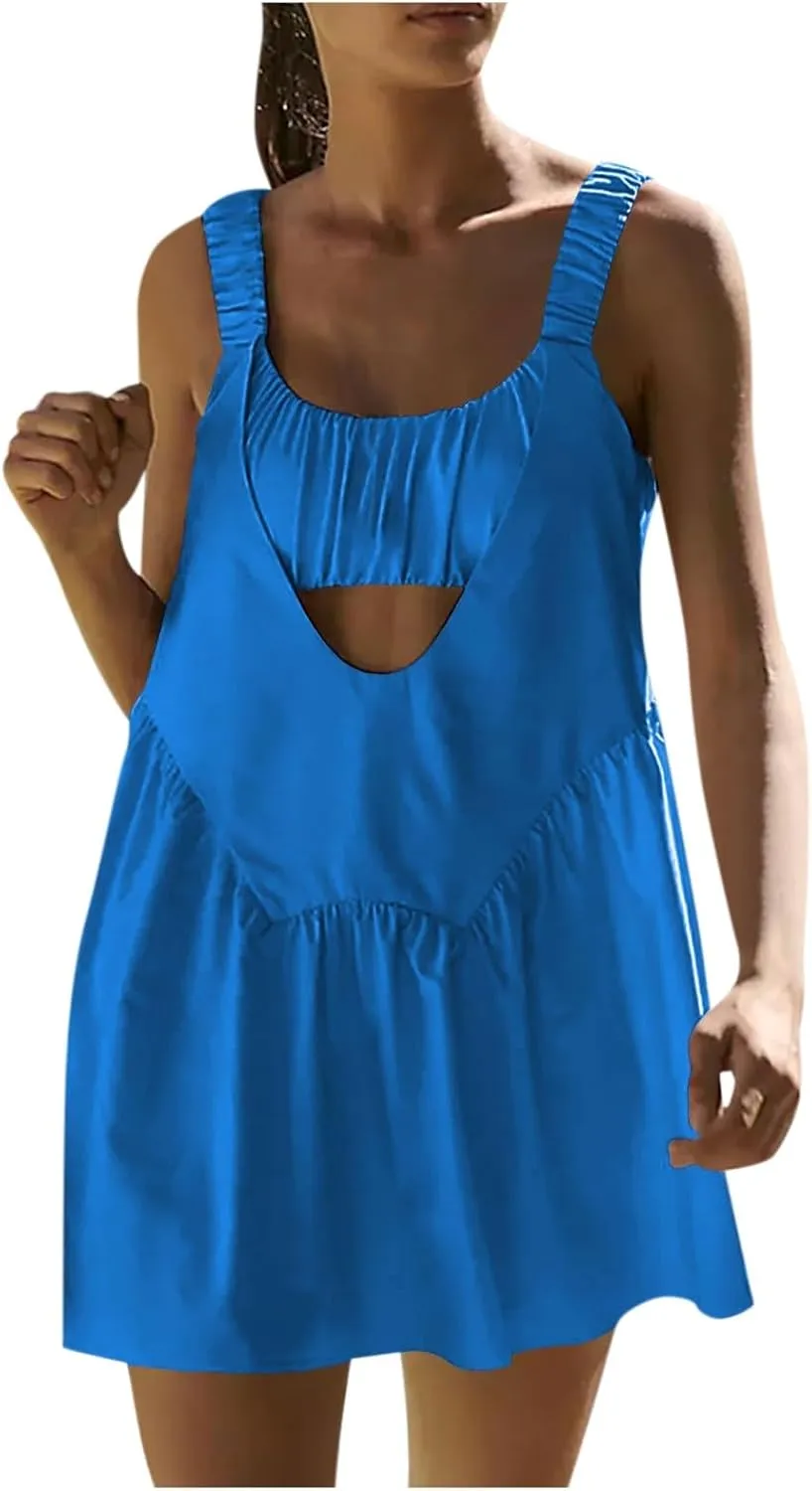 Summer Dress for Women Trendy,Smocked Cut Out Casual Flowy Tennis Dress Sexy Sleeveless Off Shoulder Mini Sundress
