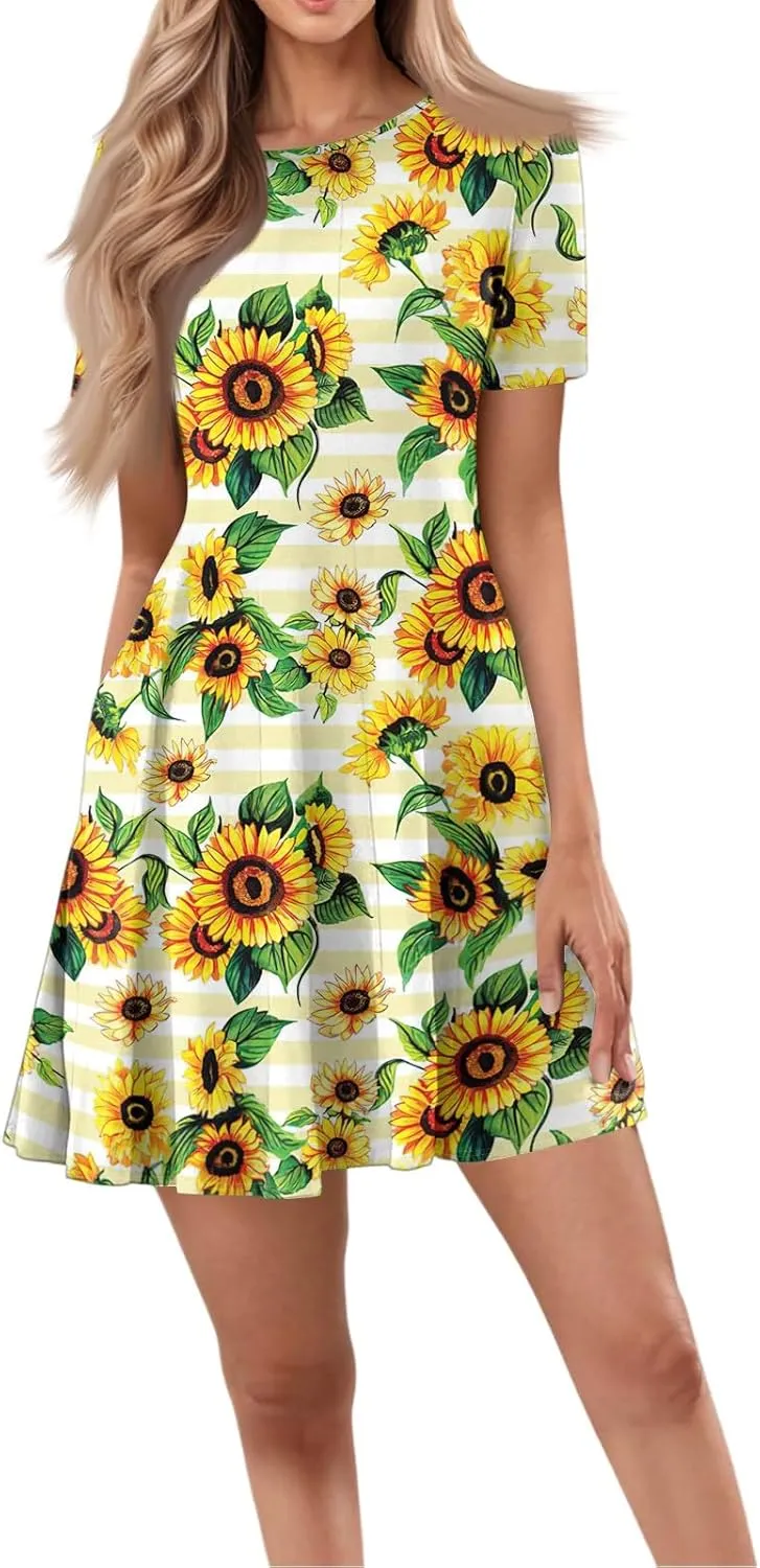 Summer Dresses for Women 2025 Crewneck Short Sleeve Mini Dress Casual T Shirt Flowy Swing Beach Vacation Dresses