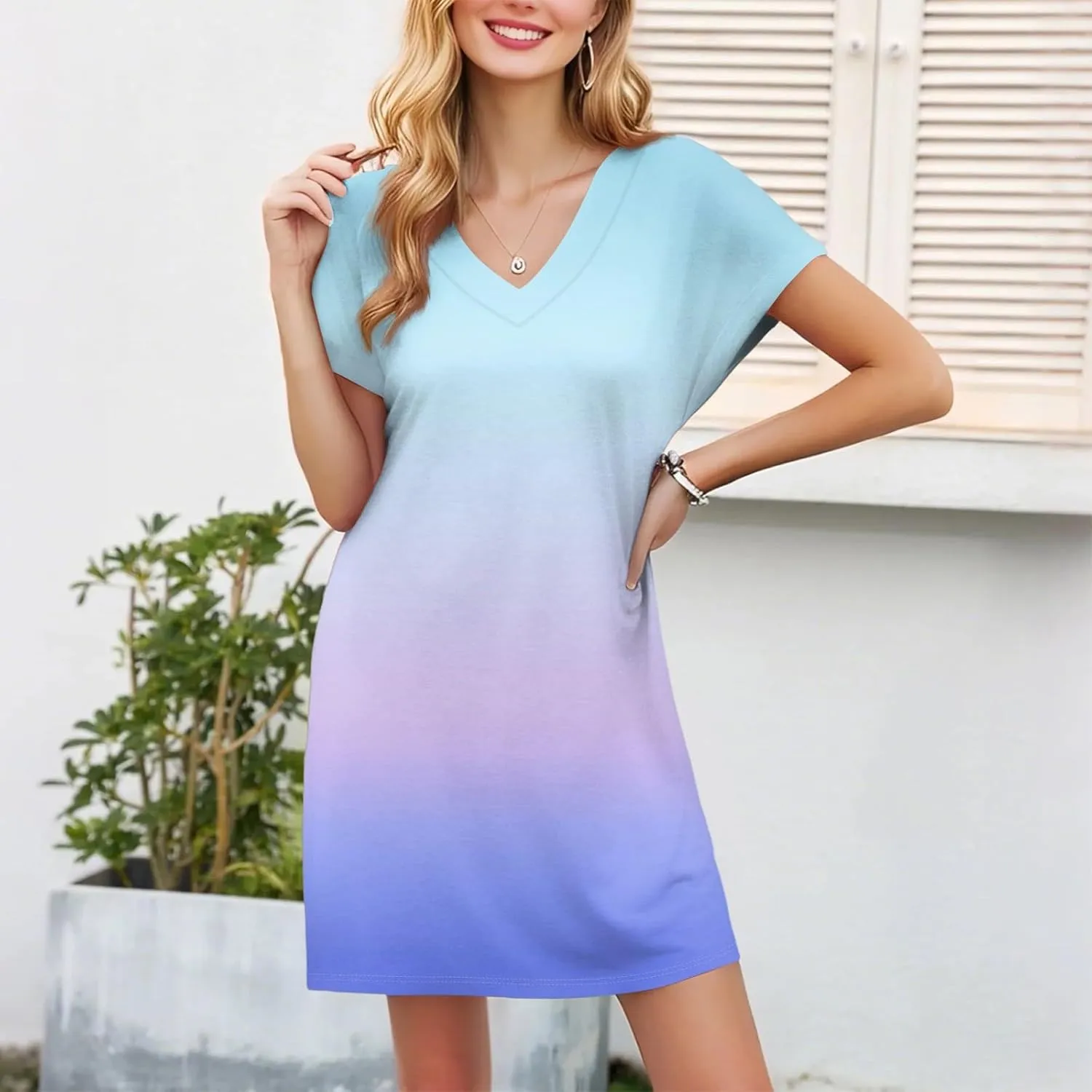 Summer Dresses for Women 2025 Trendy V Neck Tie Dye Short Sleeve Dress Casual Loose Holiday Beach Mini Sundress