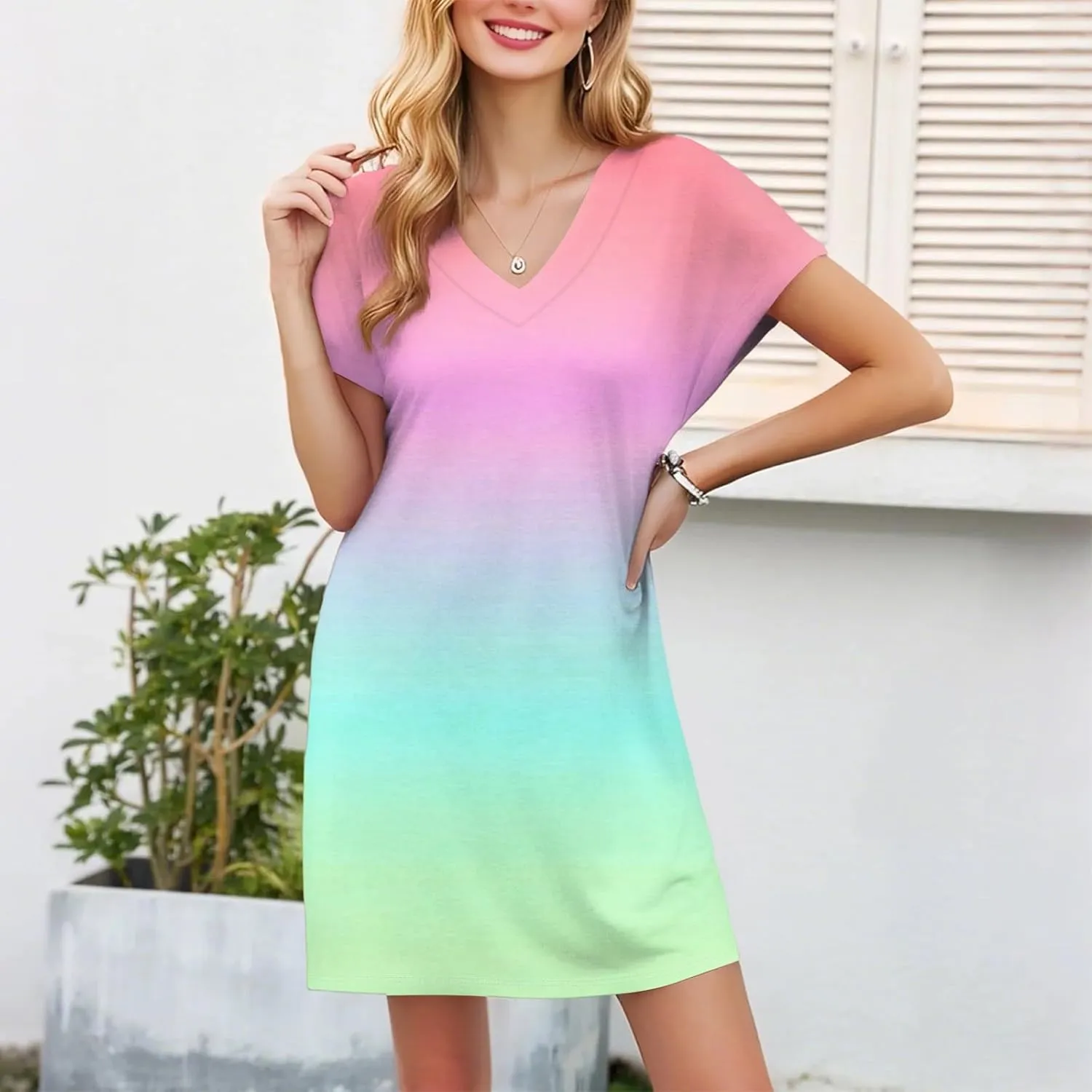 Summer Dresses for Women 2025 Trendy V Neck Tie Dye Short Sleeve Dress Casual Loose Holiday Beach Mini Sundress