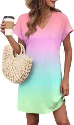 Summer Dresses for Women 2025 Trendy V Neck Tie Dye Short Sleeve Dress Casual Loose Holiday Beach Mini Sundress