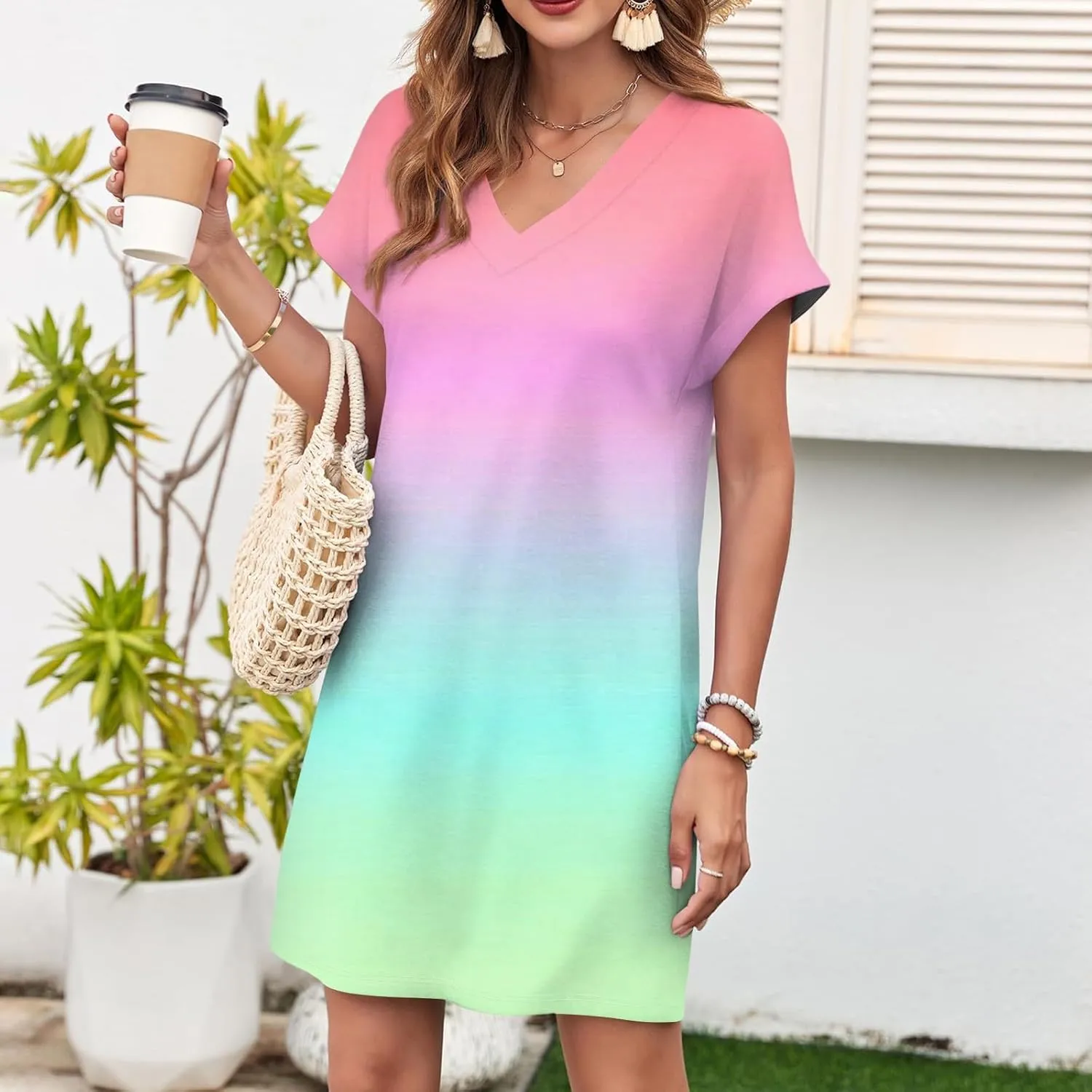 Summer Dresses for Women 2025 Trendy V Neck Tie Dye Short Sleeve Dress Casual Loose Holiday Beach Mini Sundress
