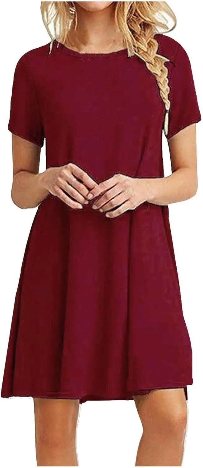 Summer Dresses for Women 2025,Women's Beach Casual Loose Tshirt Dresses Solid Color Short Sleeve Round Neck Sundress