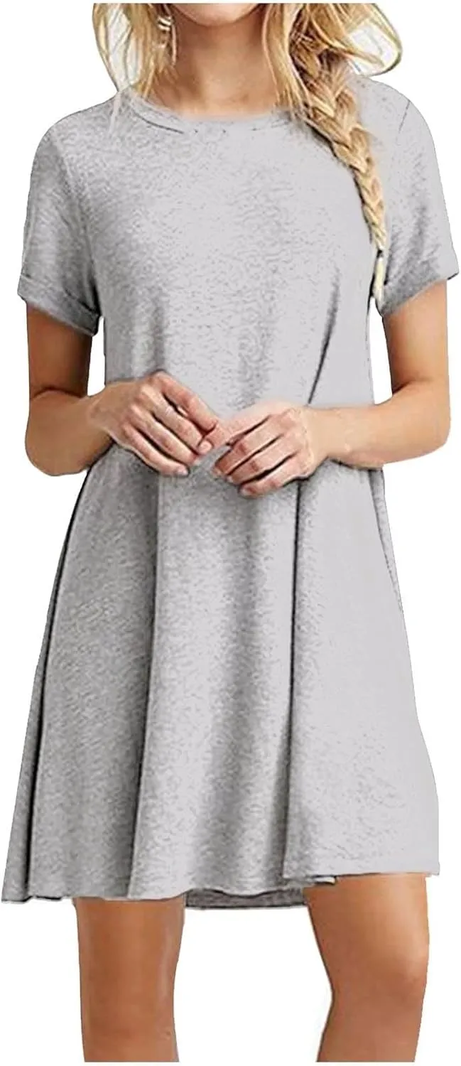 Summer Dresses for Women 2025,Women's Beach Casual Loose Tshirt Dresses Solid Color Short Sleeve Round Neck Sundress
