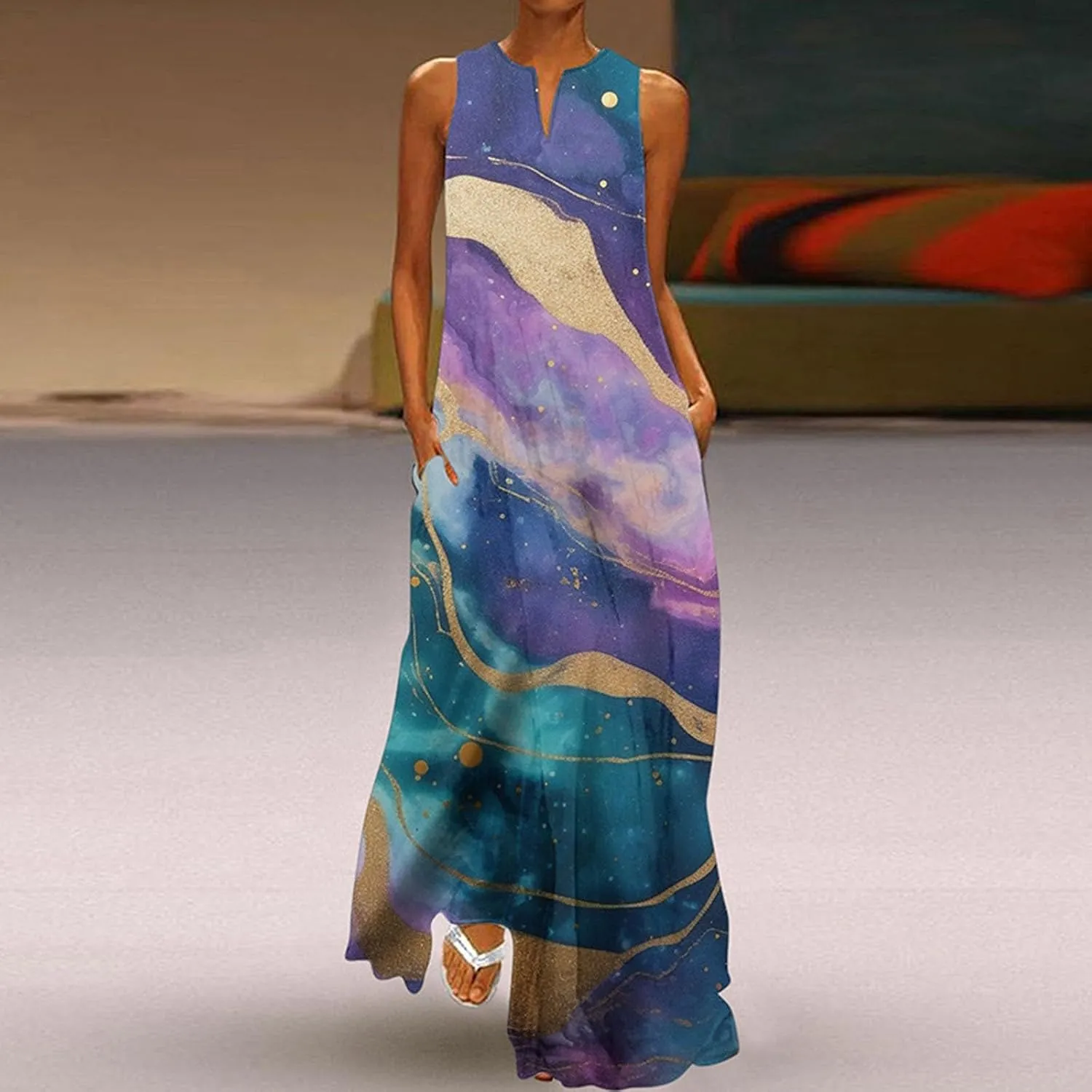 Summer Dresses for Women 2025,Women's Casual Beach Sundresses V-Neck Sleeveless Dresses Maxi Floral Printed Tank Dress