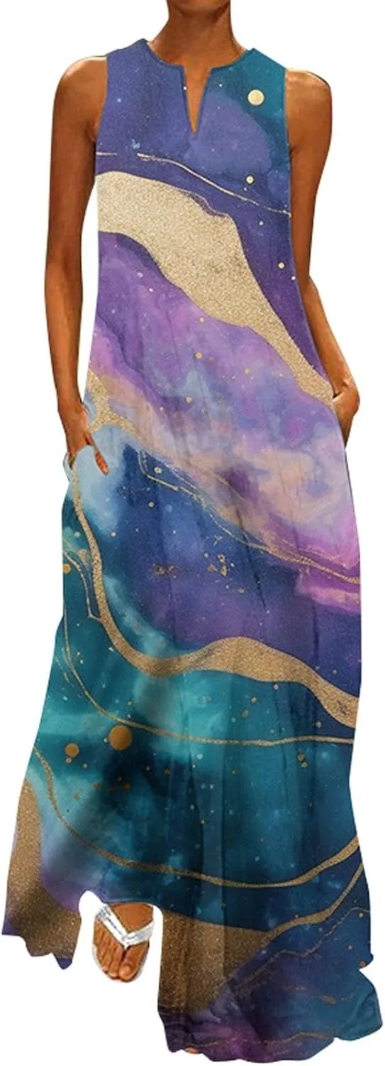 Summer Dresses for Women 2025,Women's Casual Beach Sundresses V-Neck Sleeveless Dresses Maxi Floral Printed Tank Dress