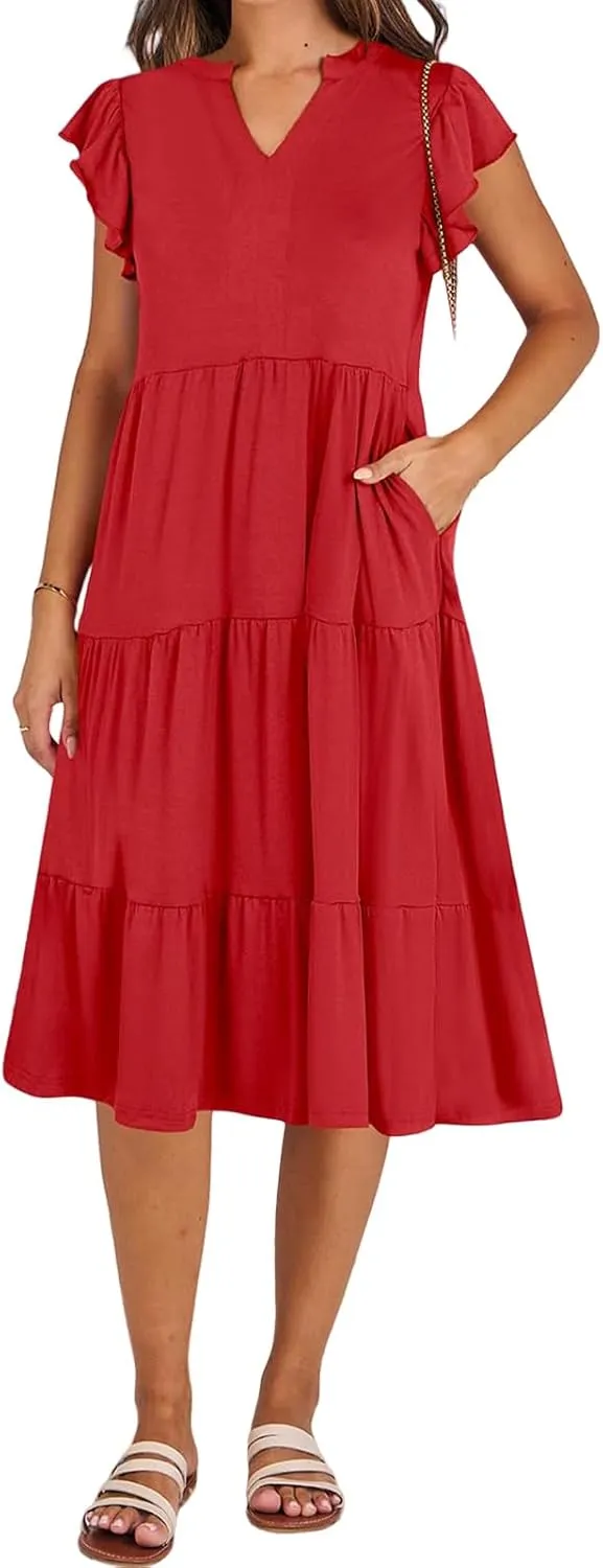 Summer Dresses for Women Ruffle Sleeve V Neck Midi Dresses Casual Fit Flowy Tiered Boho Beach Sundress with Pocket