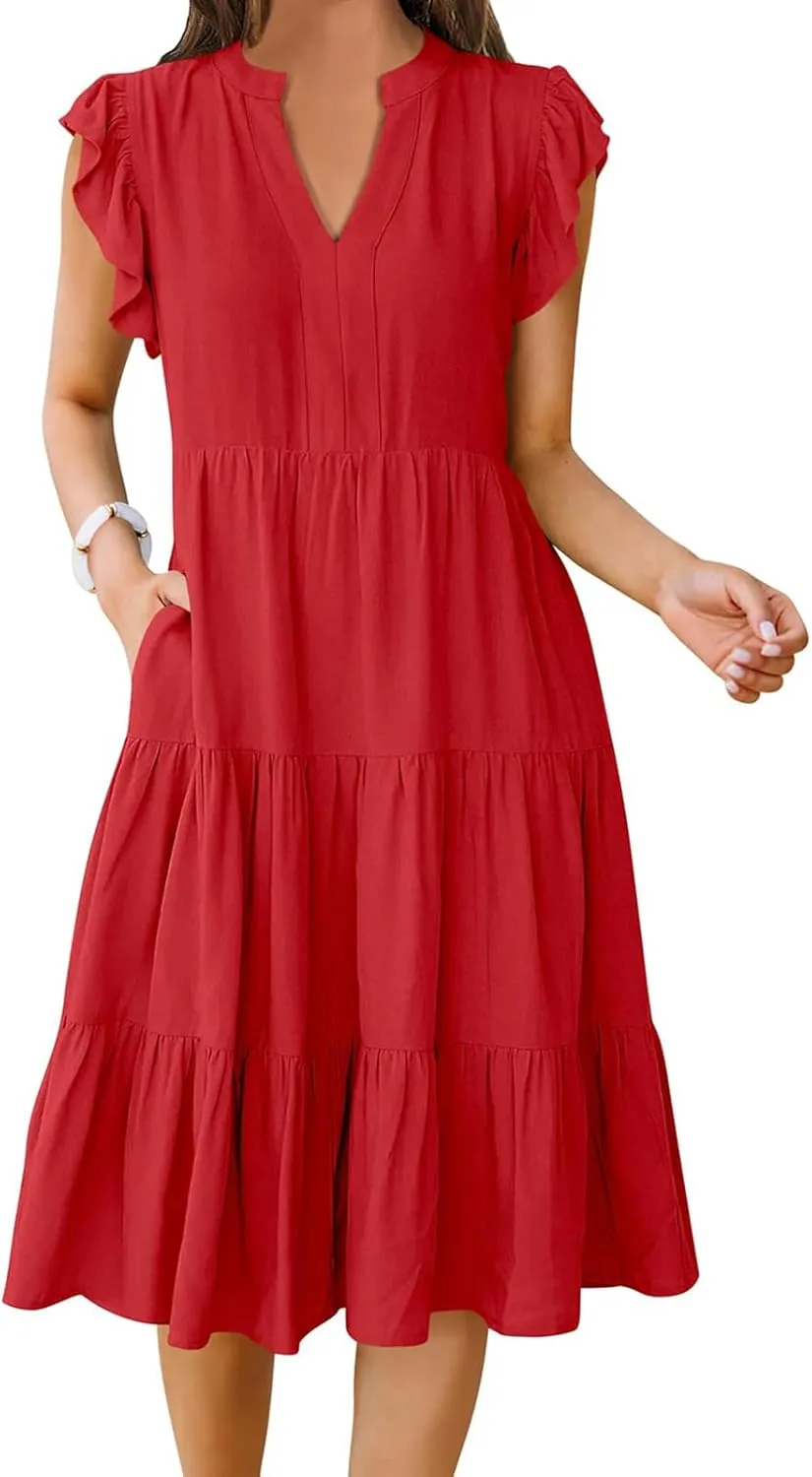 Summer Dresses for Women Ruffle Sleeve V Neck Midi Dresses Casual Fit Flowy Tiered Boho Beach Sundress with Pocket
